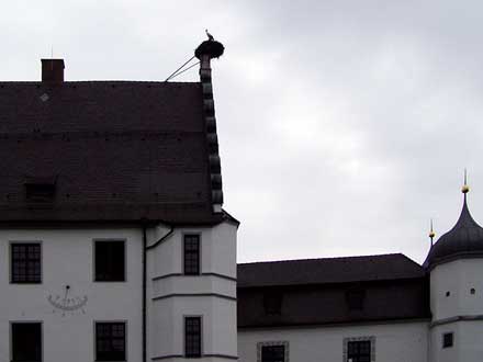 ein Storchennest auf dem Dach des Schlosses